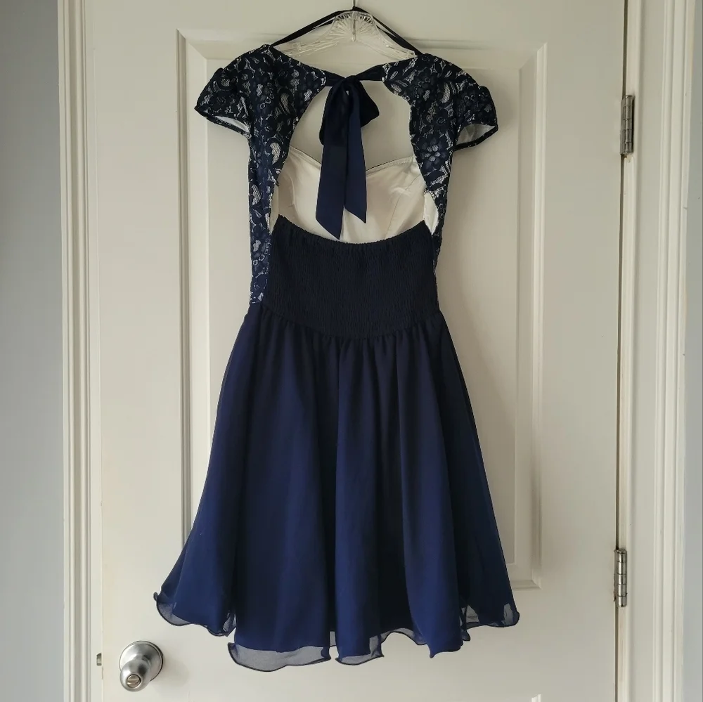 Pleated Cap Sleeved Blue White Lace Tulle Midi Cocktail Dress Size 4 - Picture 6 of 12